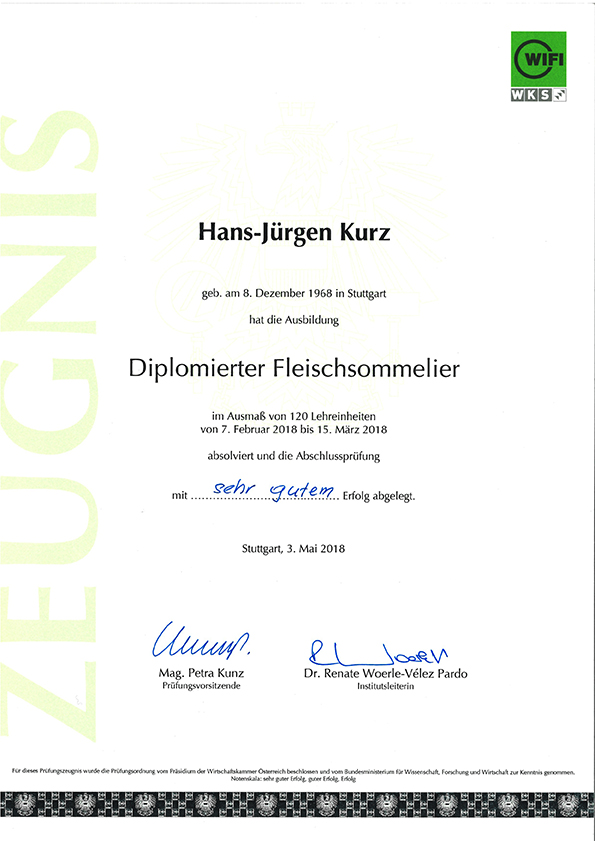 Diplom des Fleischsommelier Hans-Jürgen Kurz